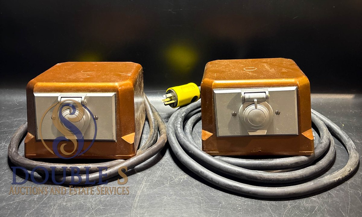 Two Brown Metal Industrial Power Inverter Outlet Boxes with Cords