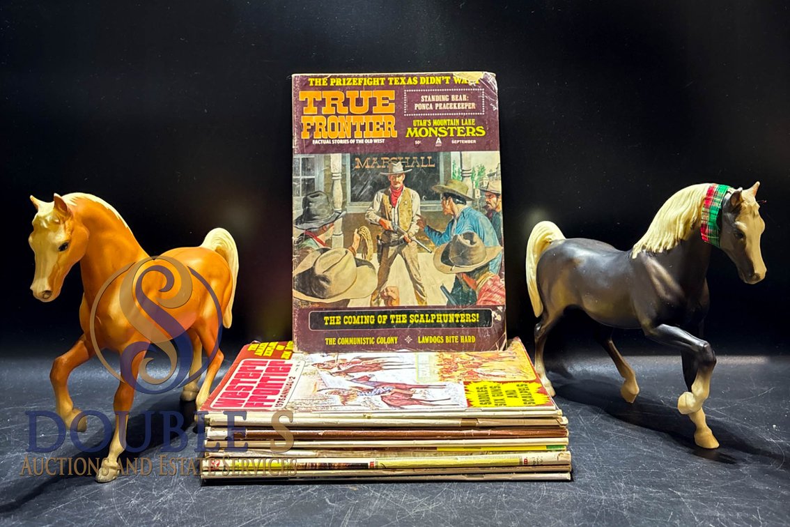 Horse Figurines With Approx. 12 Magazines Featuring Western Frontier Themes