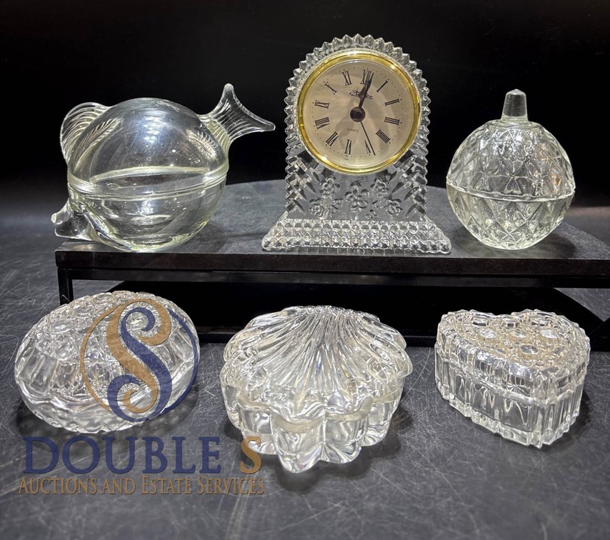 Pressed Glass Items Including Clock and Trinket Boxes