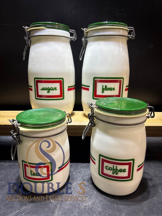 Four Ceramic Canisters with Green Airtight Lids