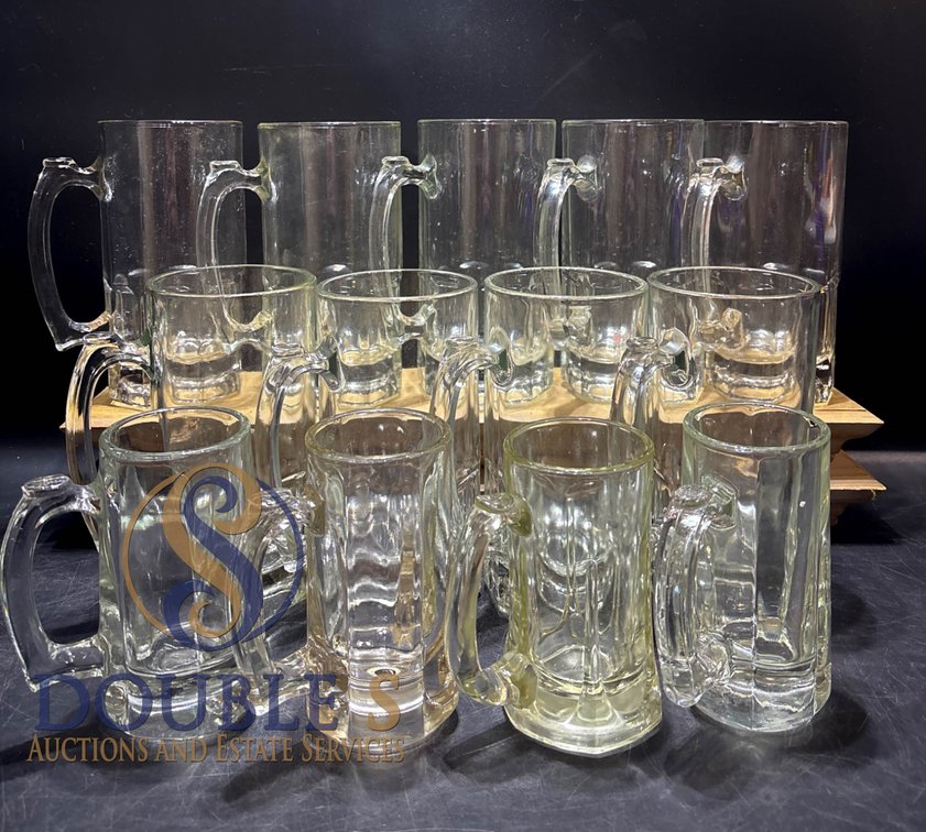 Nine Large and Four Smaller Glass Beer Mugs