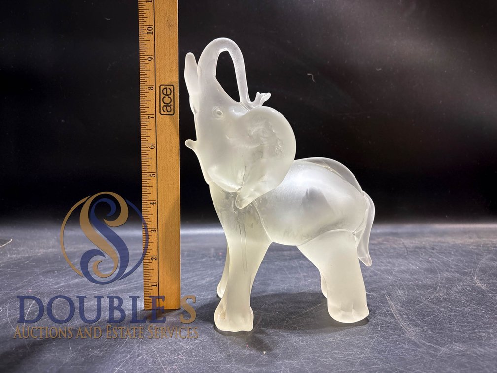 Frosted Glass Elephant Figurine with Raised Trunk, Approximately 10 Inches Tall