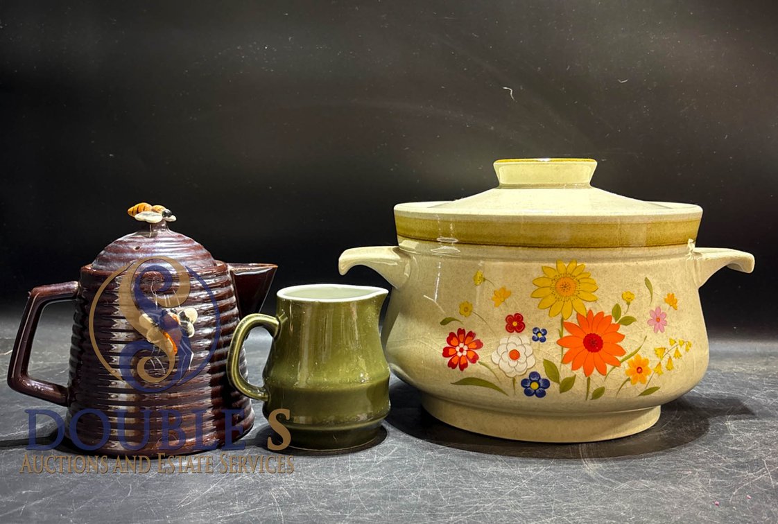 Montgomery Ward Fiesta Casserole with Lid, Honey Bee Teapot, and Green Ceramic Mug Set