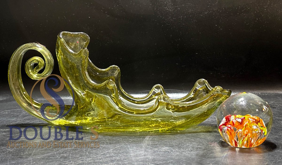 Yellow Glass Sleigh with Swirl Detail and Glass Paperweight