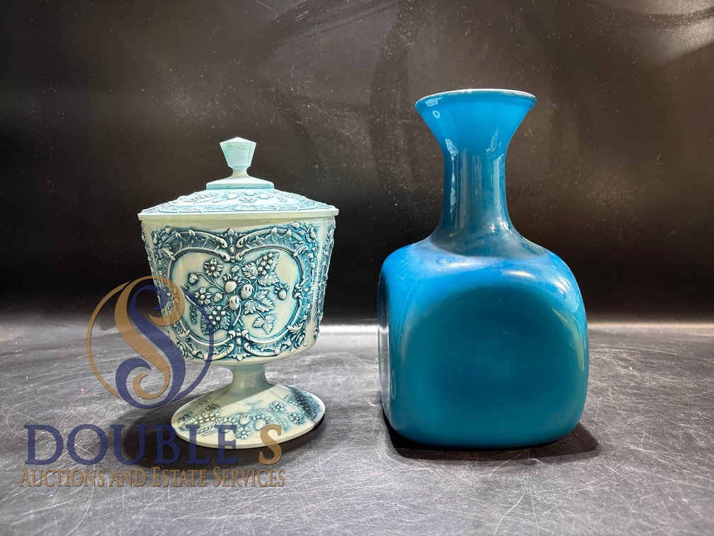 Blue Embossed Apothecary Jar and Blue Glass Vase