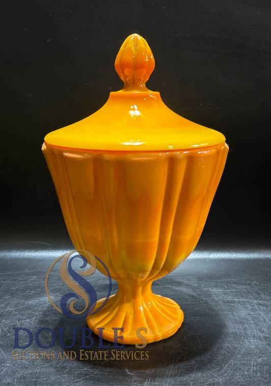 Orange Lidded Glass Compote With Fluted Design, 8 Inches