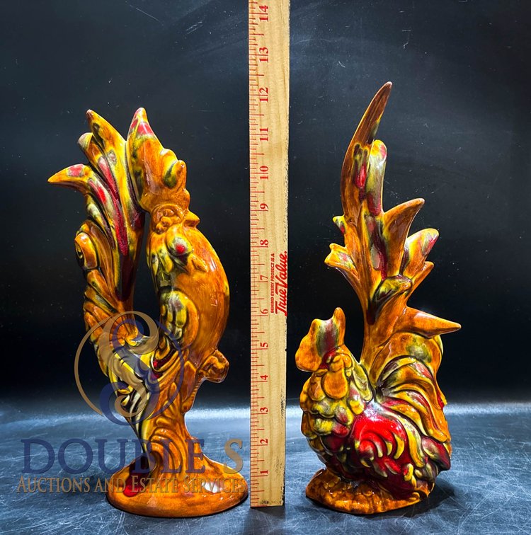 Ceramic Rooster Figurines by Mann, Multicolored Glaze
