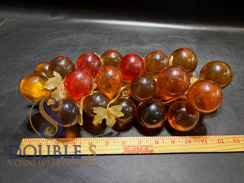 Amber-Colored Lucite Grape Cluster Sculpture on Driftwood