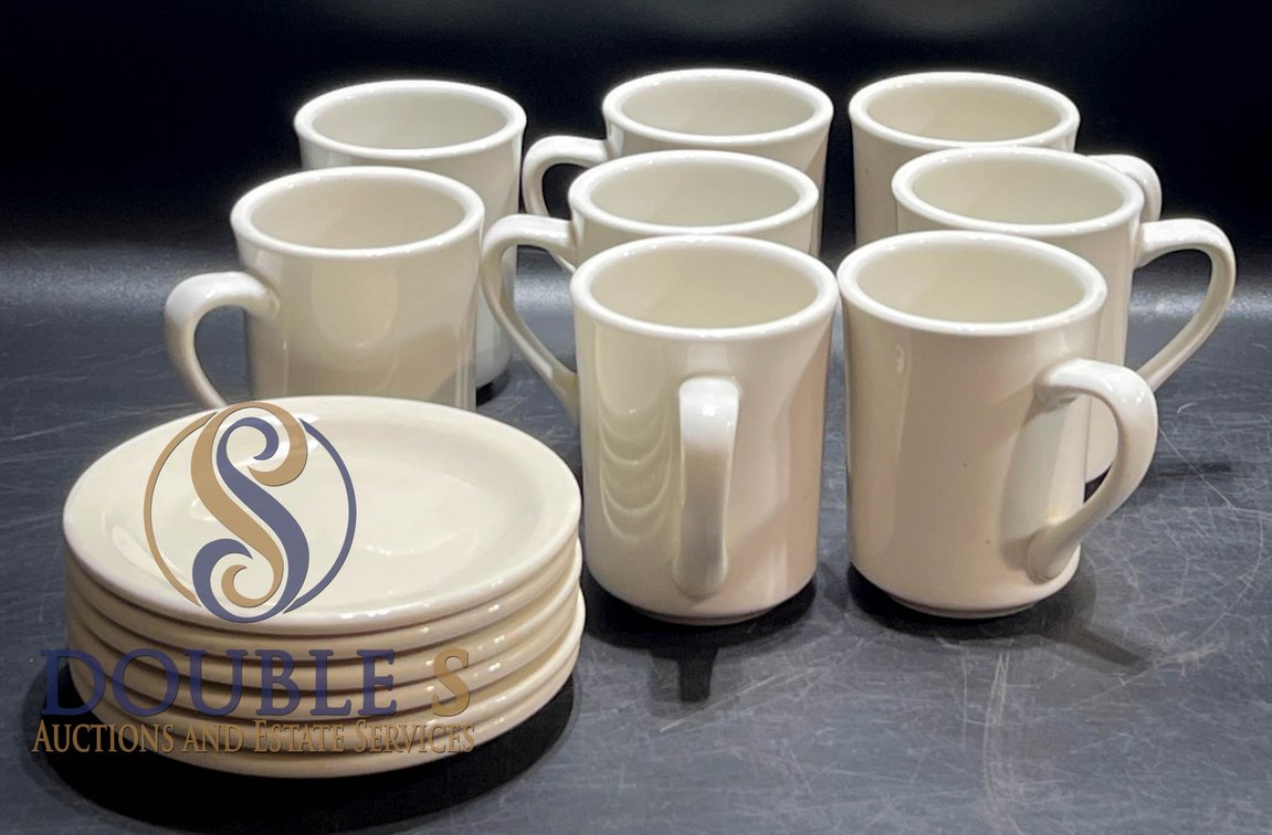 8 White Ceramic Mugs and 6 Small White Ceramic Plates