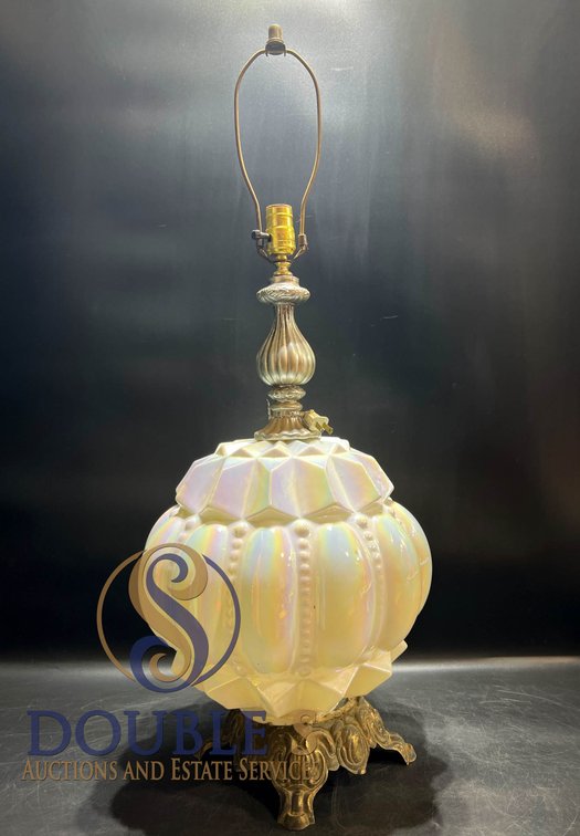 Iridescent Glass Table Lamp With Metal Base and Harp