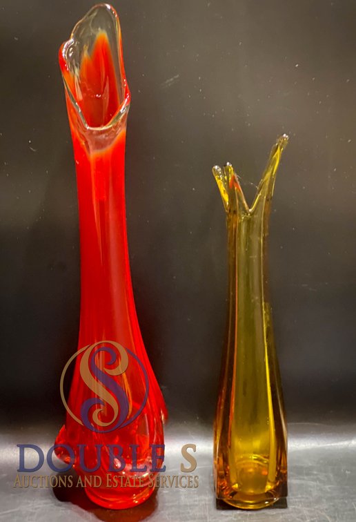 Two Stretch Glass Vases, Red and Amber