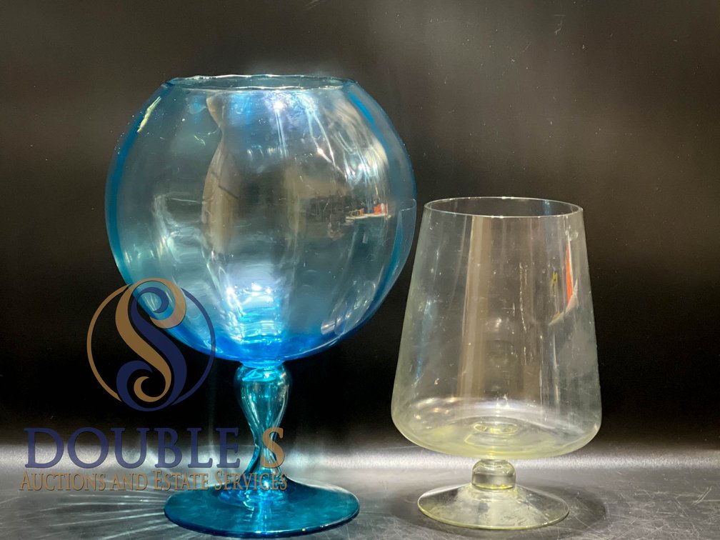 Two Glass Goblets: Blue and Clear Designs