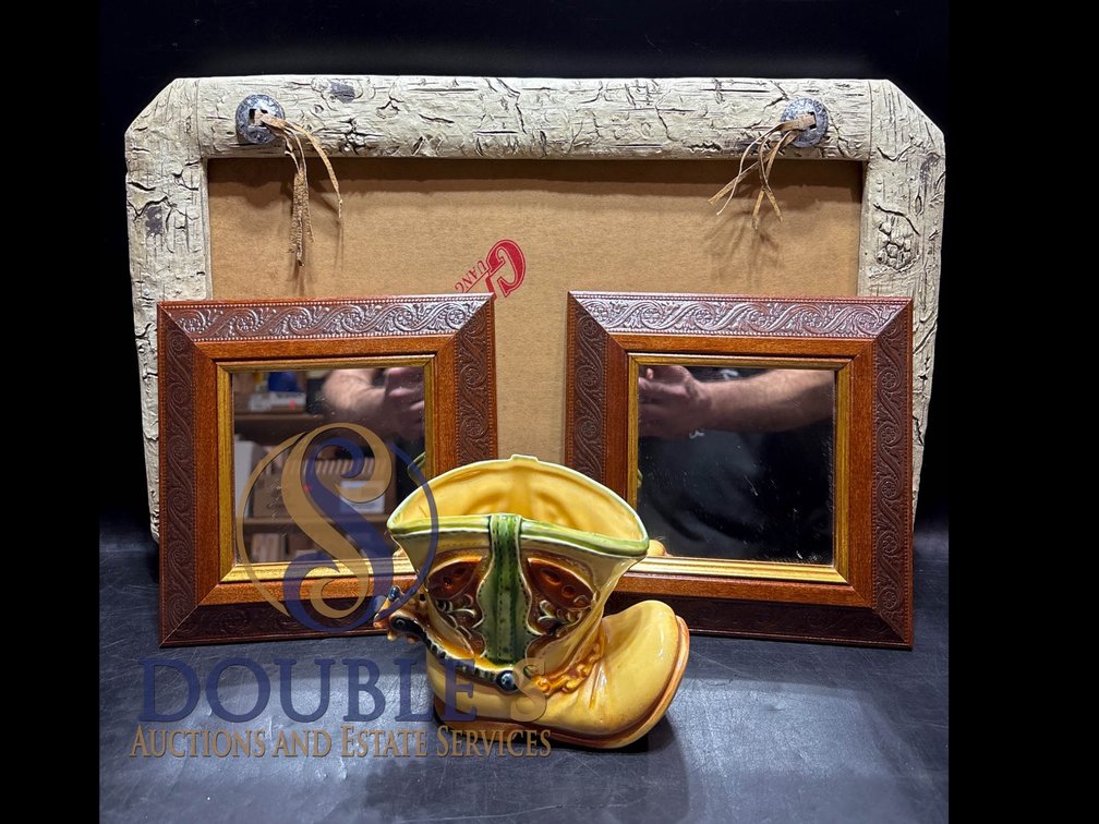 Decorative Lot with Two Mirrors, Boot-Shaped Ceramic Vase, and Hanging Frame