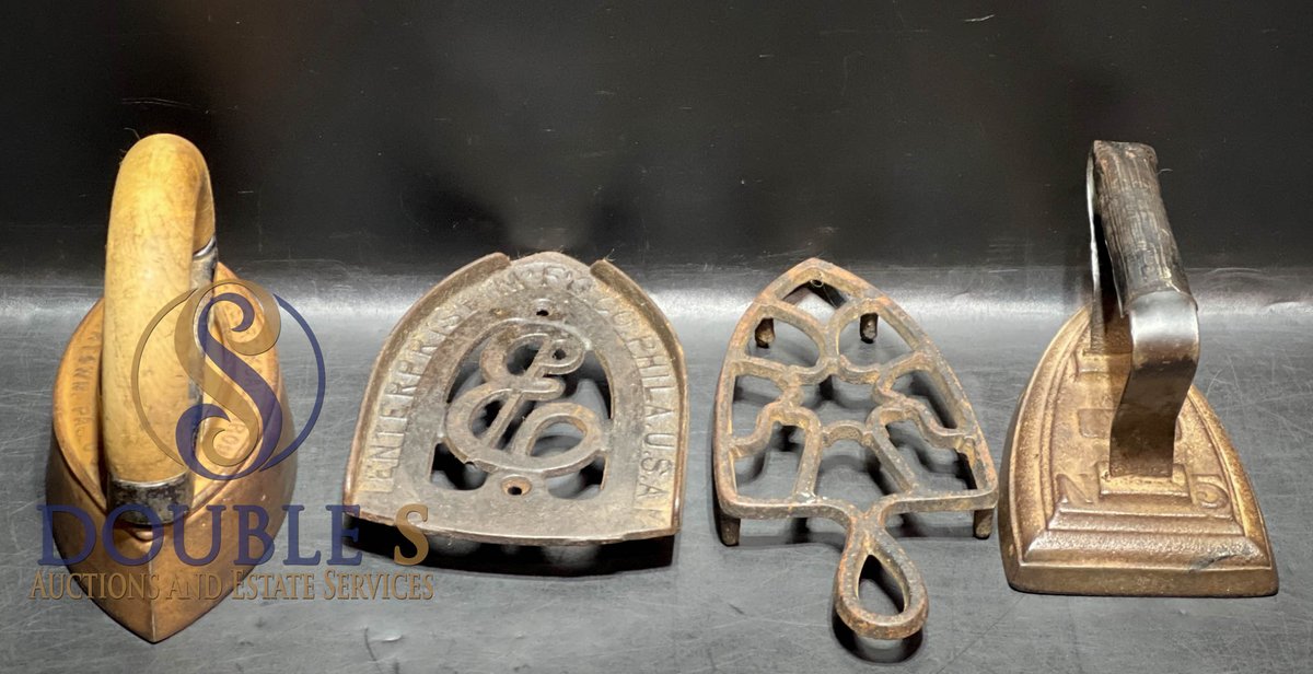 Four Vintage Cast Iron and Brass Irons with Trivets