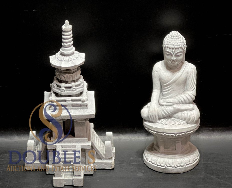 Two White Ceramic Figurines, Buddha and Pagoda
