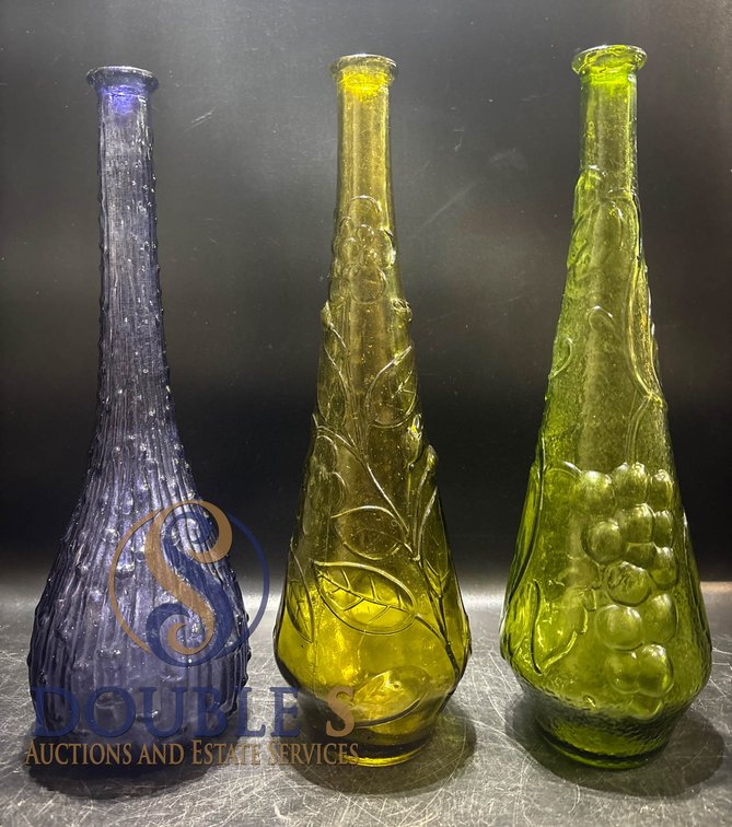 Three Decorative Glass Bottles, Approx. 12 Inches Tall