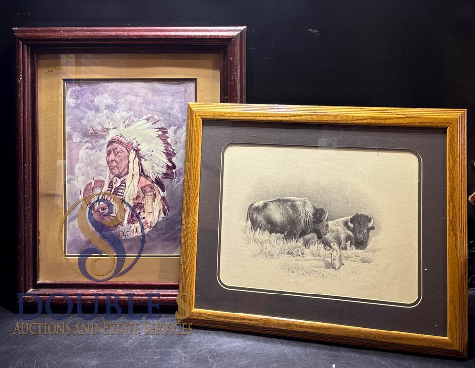 Two Framed Prints: Native American Portrait and Bison Scene
