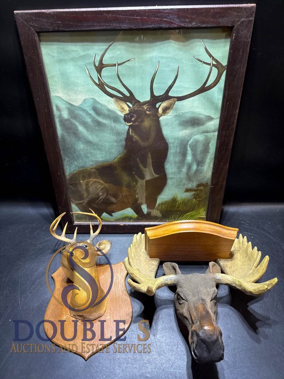 Framed Deer Print and Two Wall-Mounted Deer and Moose Plaques