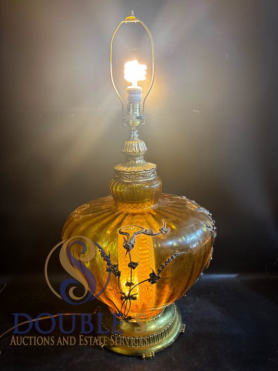 Amber Glass and Brass Table Lamp with Floral Motif