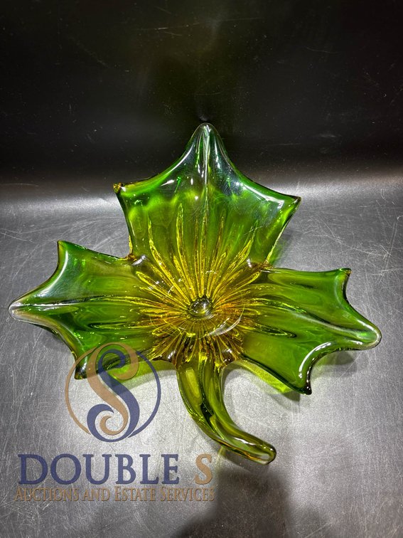 Green and Yellow Leaf-Shaped Art Glass Bowl