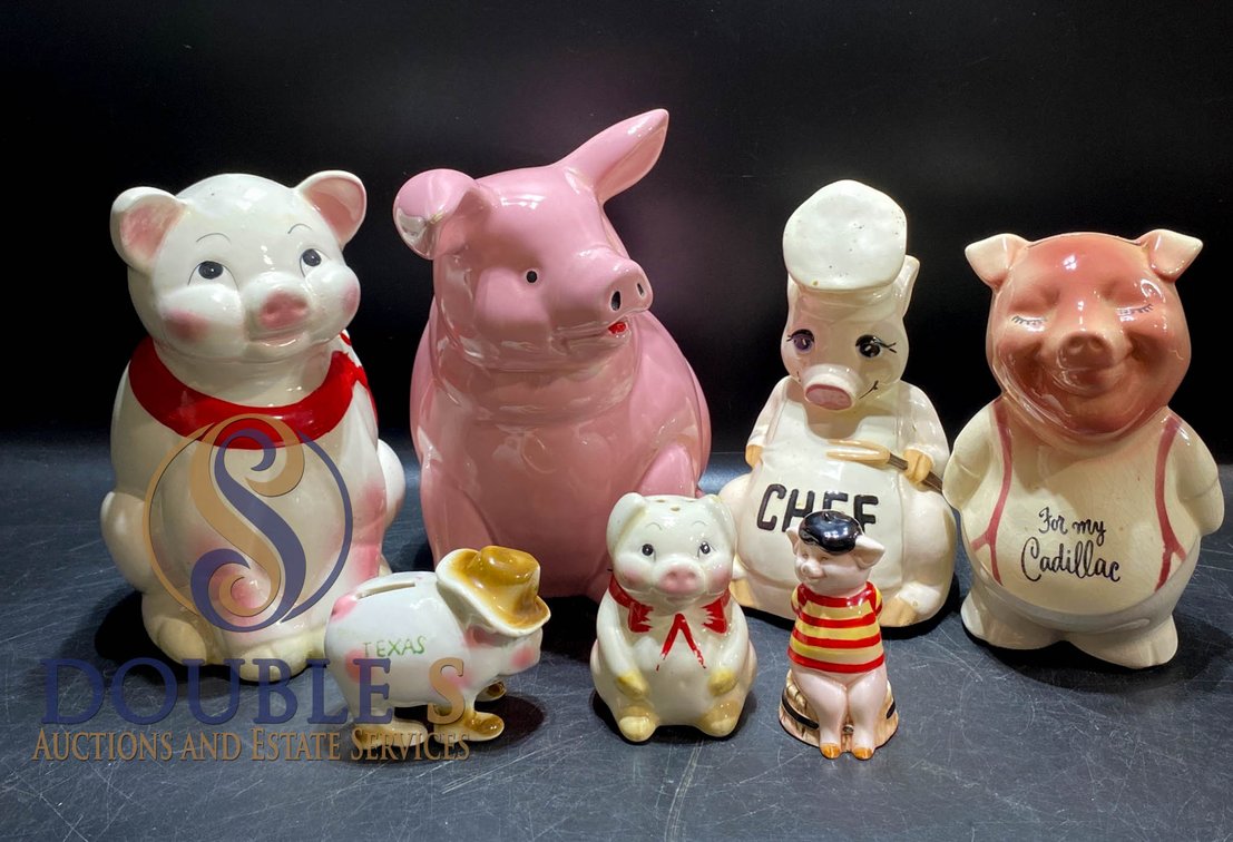 Seven Ceramic Pig Figurines with Banks and Openings
