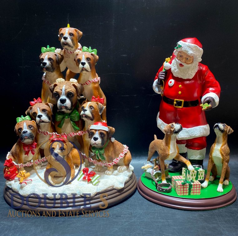 Danbury Mint Boxer Family Christmas Tree and Santa's Boxer Buddies Figurines