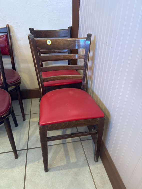 2 Wooden Dining Chairs with Red Vinyl Seats