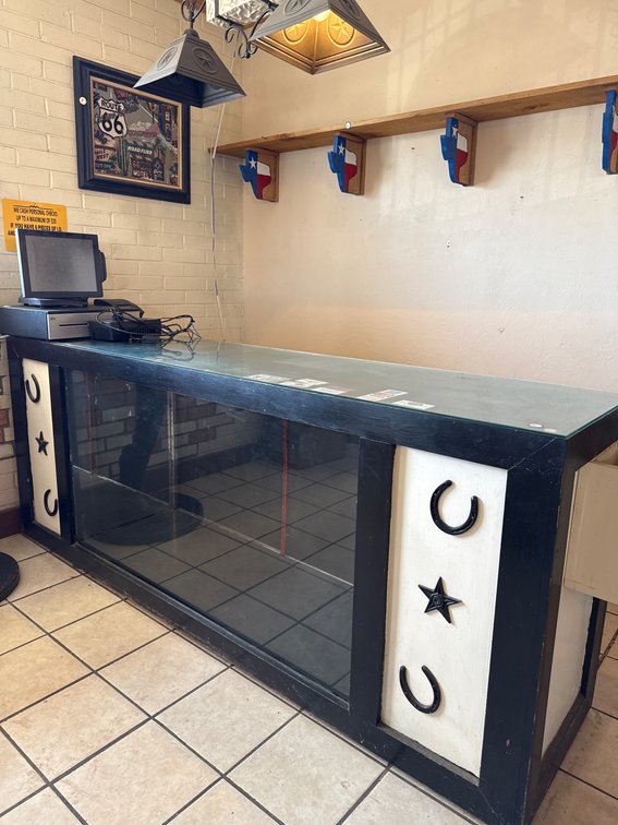 Glass Display Shelf with Black Frame and Western-Style Panels 95 x 23 x 38
