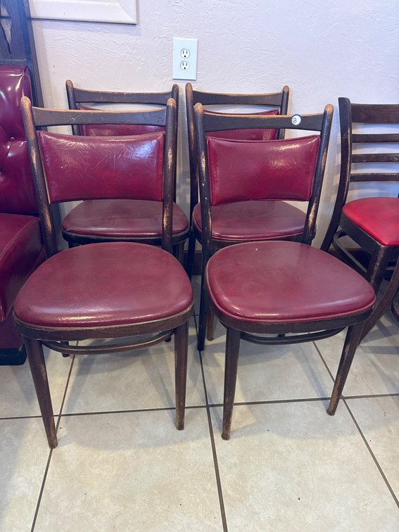 Four Wooden Chairs with Red Vinyl Upholstery
