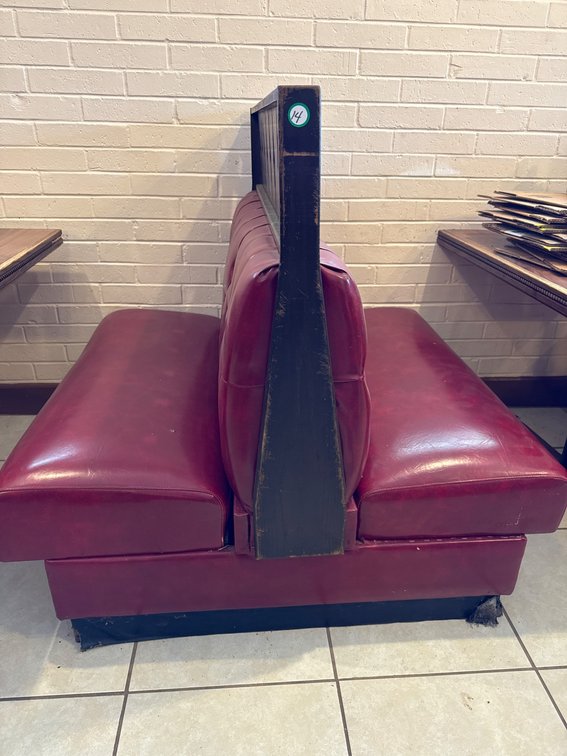 Red Vinyl and Wood Restaurant Booth with Button-Tufted Backrest