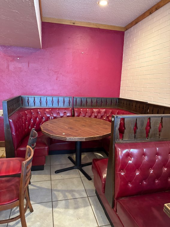 Corner Booth with Double Booth, Tufted Red Vinyl Upholstery