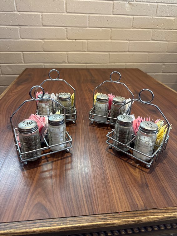 Four Tabletop Salt and Pepper Shaker Sets with Wire Holders