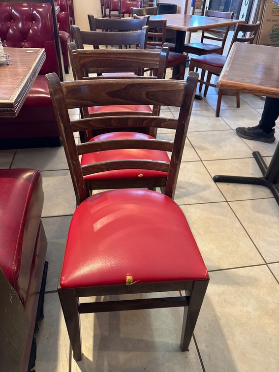 4 Wooden Chairs With Red Vinyl Seats