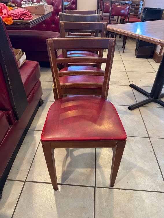 4 Wood Ladder-Back Chairs with Red Padded Seats