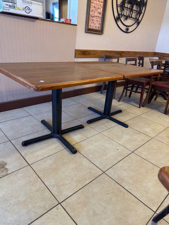 Wood-Laminate Restaurant Table with Black Metal Bases 71 x 36 x 29
