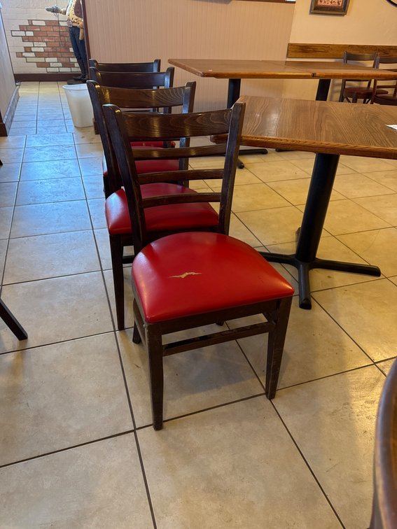 4 Wooden Ladder-Back Chairs with Red Upholstered Seats