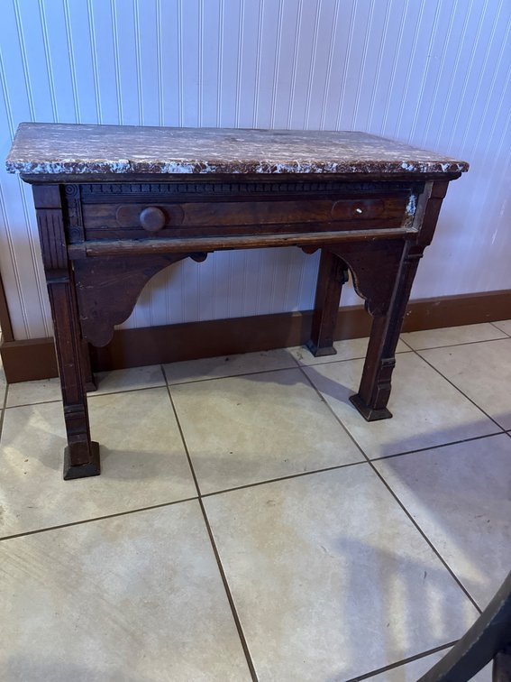 Wooden Table With Marble Top, Cracked and Missing Door Pull