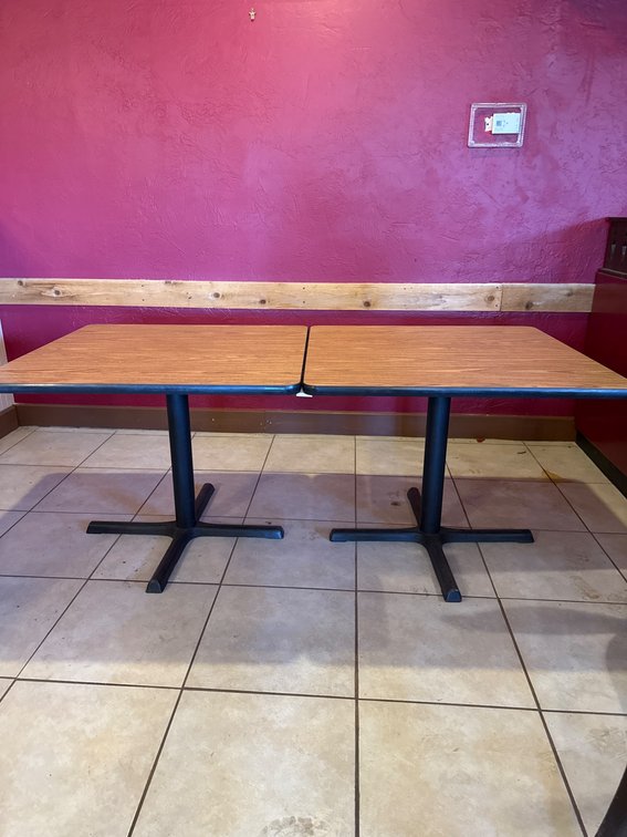 Two Square Restaurant Tables With Black Metal Pedestal Bases 71 x 36 x 29