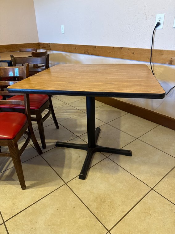 Square Wooden Restaurant Table With Black Metal Pedestal Base 36 inches square