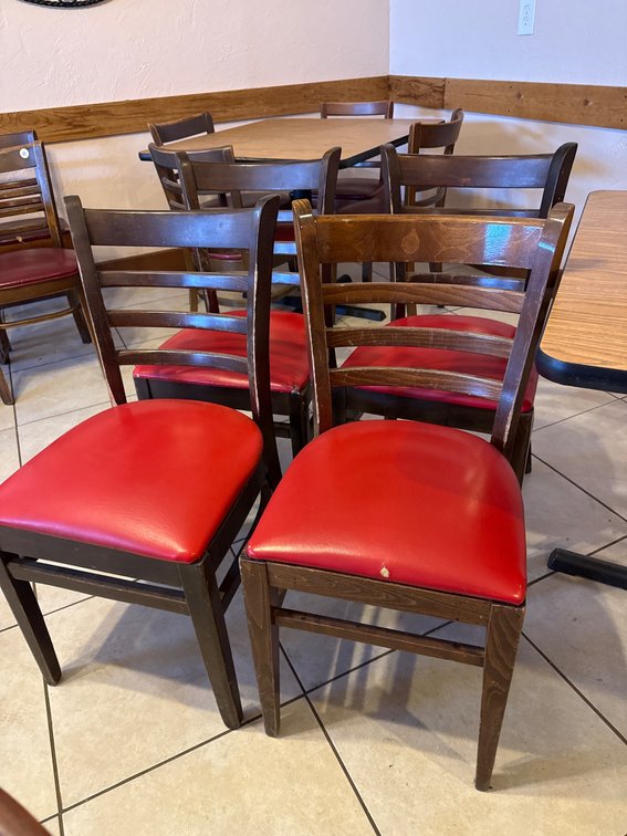 4 Wooden Ladder-Back Chairs with Red Vinyl Seats