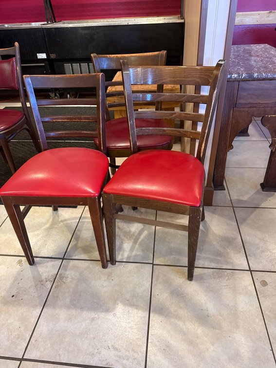 Three Wood Ladder-Back Chairs with Red Vinyl Seats