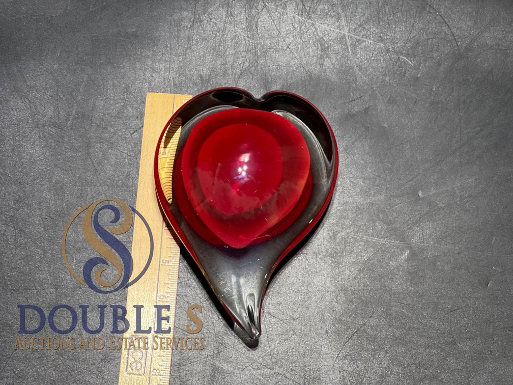 7×5 Mid Century Modern Red and Clear Freeform Heart-Shaped Glass Paperweight 