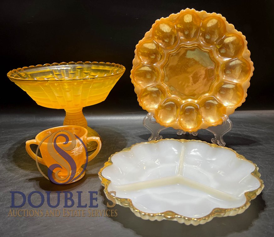 Opalescent and Amber Glass Serving Pieces With Gold Rim Accents