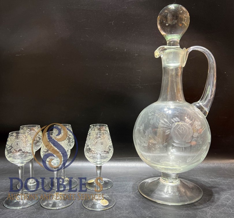 Crystal Decanter with Stopper and 6 Matching Etched Stemmed Glasses