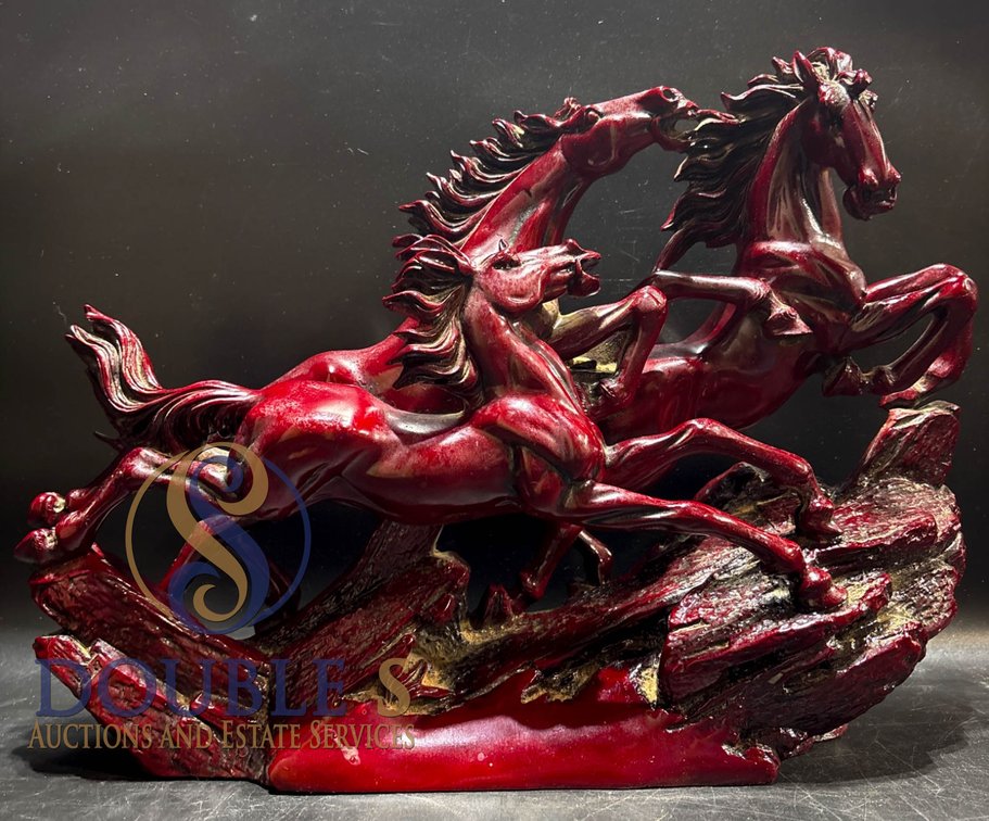 Glossy Red Resin Sculpture of Two Galloping Horses