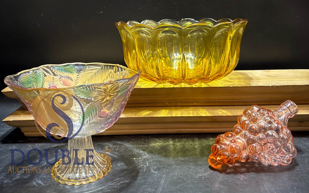 Art Glass Items: Pedestal Bowl, Amber Bowl, and Grape Form Bottle