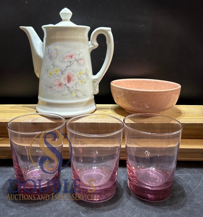 German Ceramic Coffee Pot, Pink Ceramic Bowl, and Three Pink Glasses