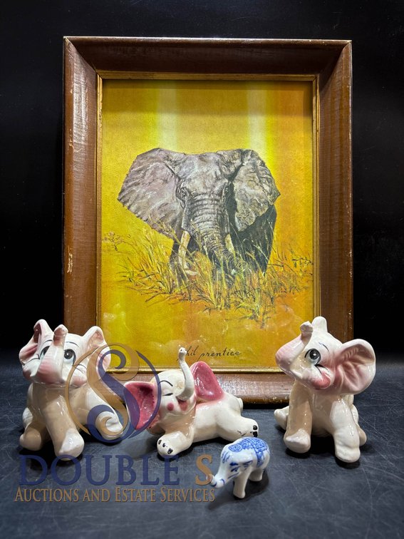 Framed Elephant Painting and Four Ceramic Elephant Figurines