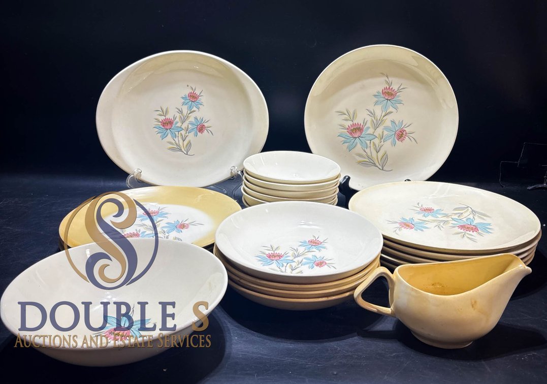 Floral-Themed Ceramic Dinnerware Set with Bowls, Plates, and Gravy Boat