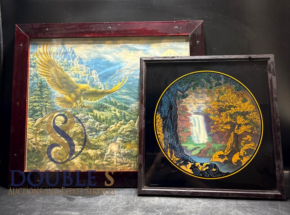 Two Framed Artworks: Landscape Print and Circular Waterfall Design